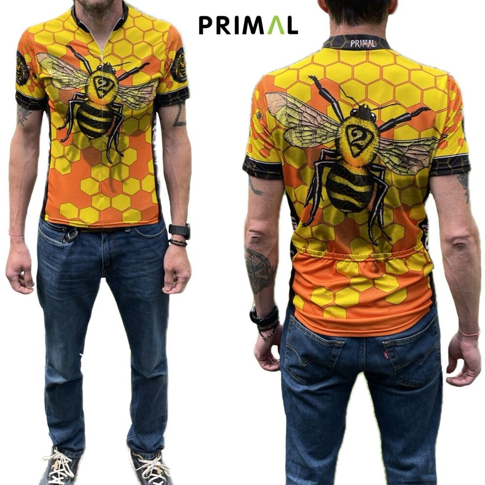 Vintage Primal Wear Cycling Jersey 2 BEE Yellow Graphic Print Polyester Shirt M
